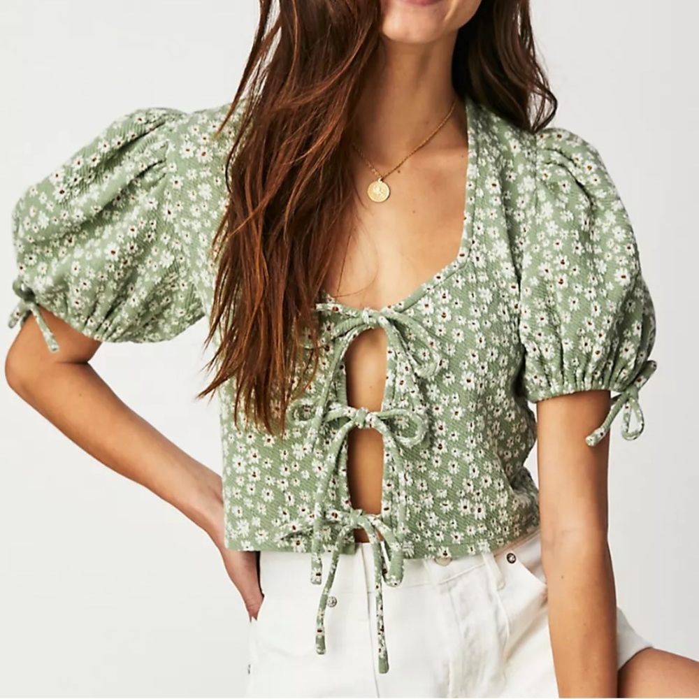 Free People Sweet Sun Top Green Floral Tie Front Size XS